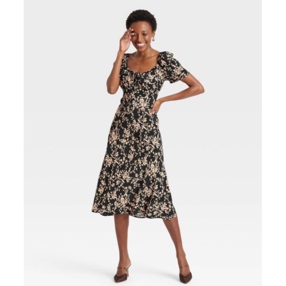 Women's Midi Sundress Black Gold Floral Large A New Day Lightweight Scoop Neck‎
